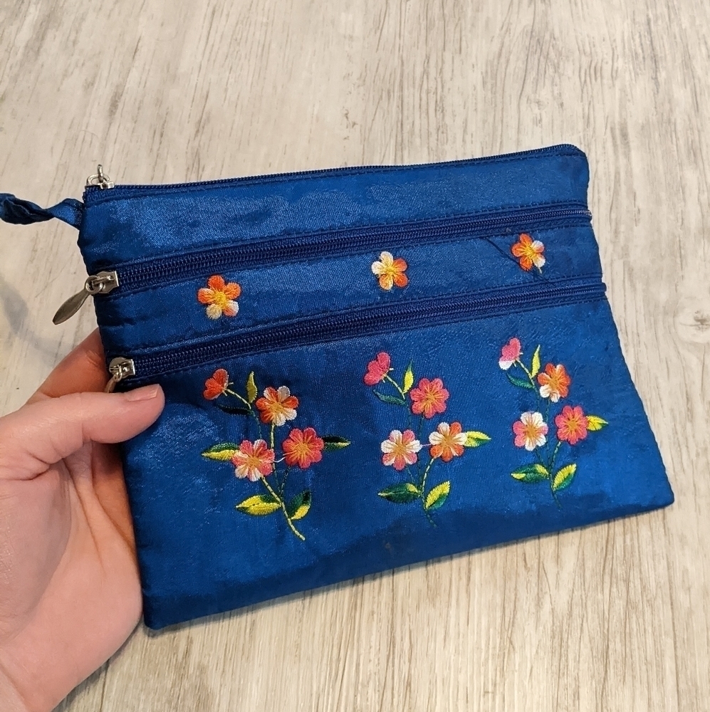 Floral Embroidered Zipper Bag in Blue with Multicolor Flowers‎